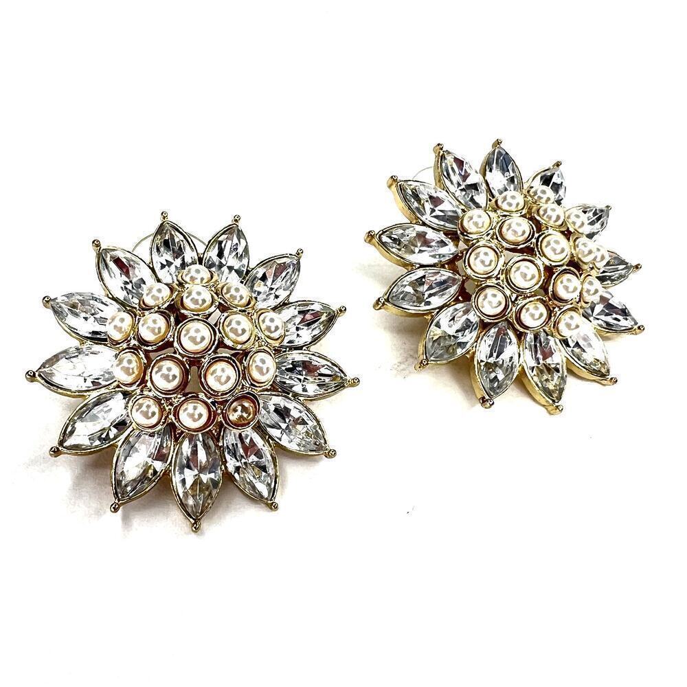 Vintage Crystal and Faux Pearl Flower Stud Post Earrings Sunflower Daisy Gold